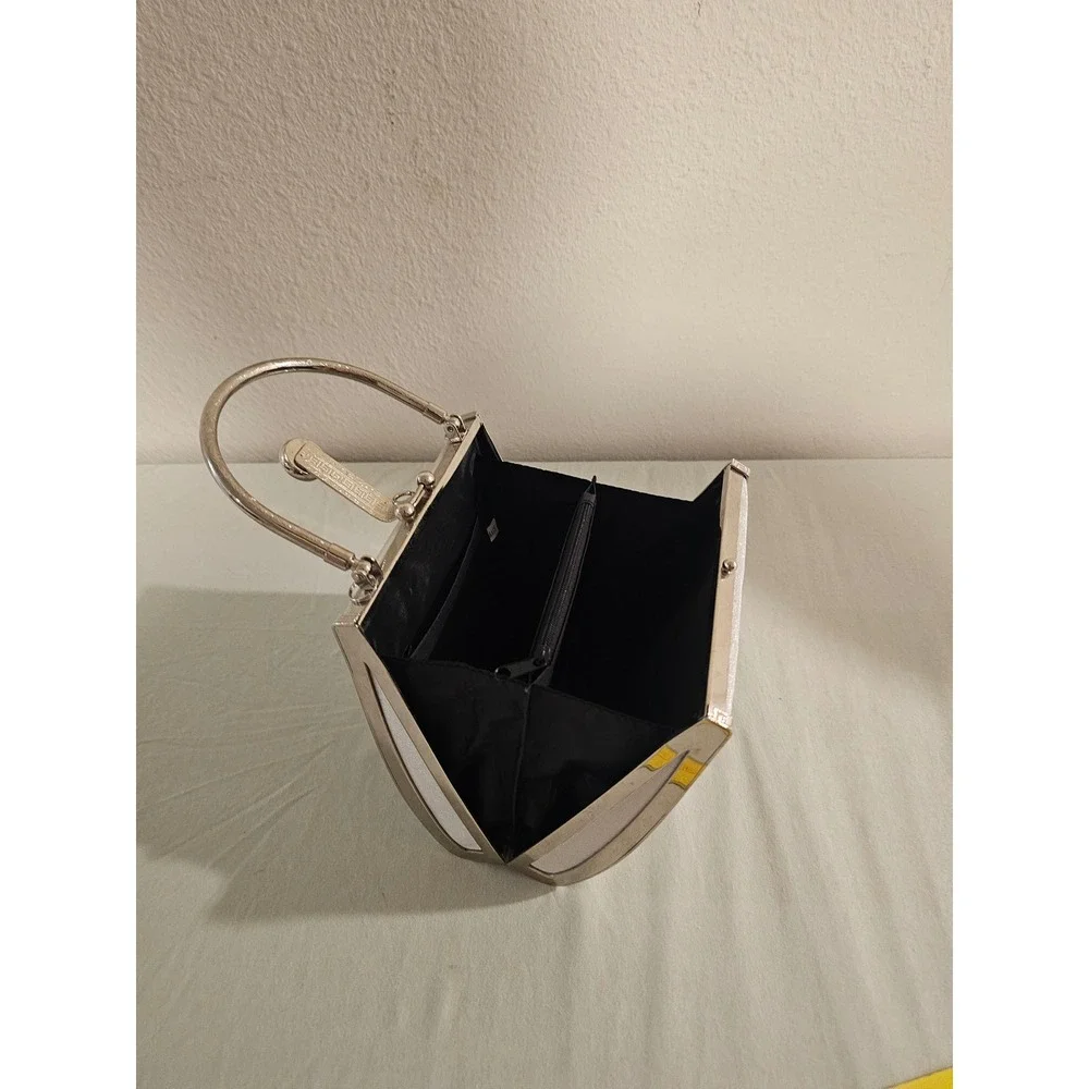 Silver Satin Evening Clutch Bag Rhinestone Greek Key Frame Formal Handbag